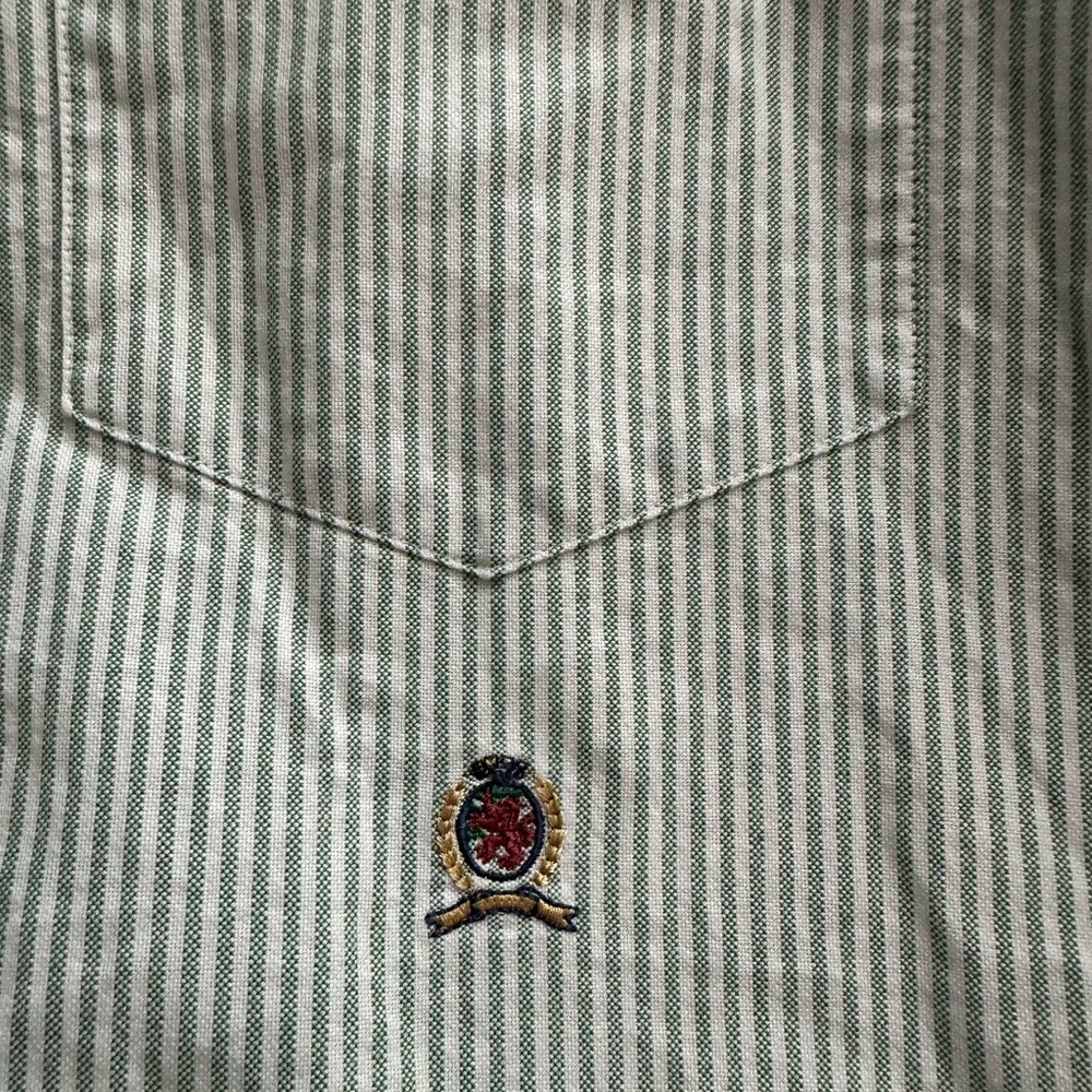 Tommy Hilfiger Oxford Green Striped Shirt Original Crest Logo Men's MEDIUM - Picture 2 of 10